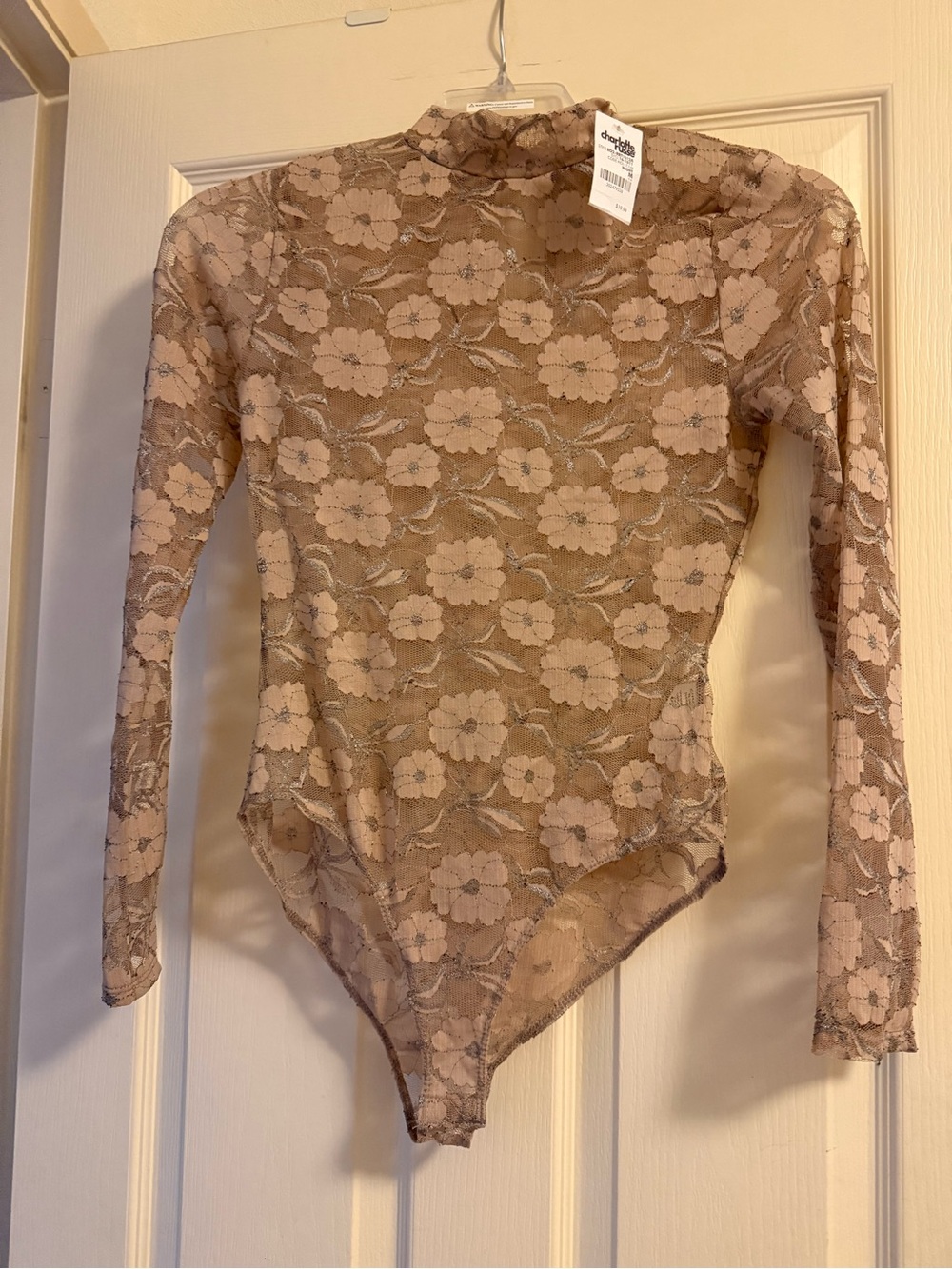 Charlotte Russe Sheer Floral Lace Long-Sleeve Bodysuit - Beige